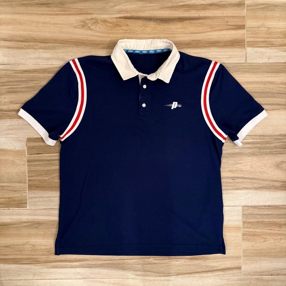 Prince Pickleball Mens Navy Blue Short Sleeve Polo Shirt Striped White Collar L